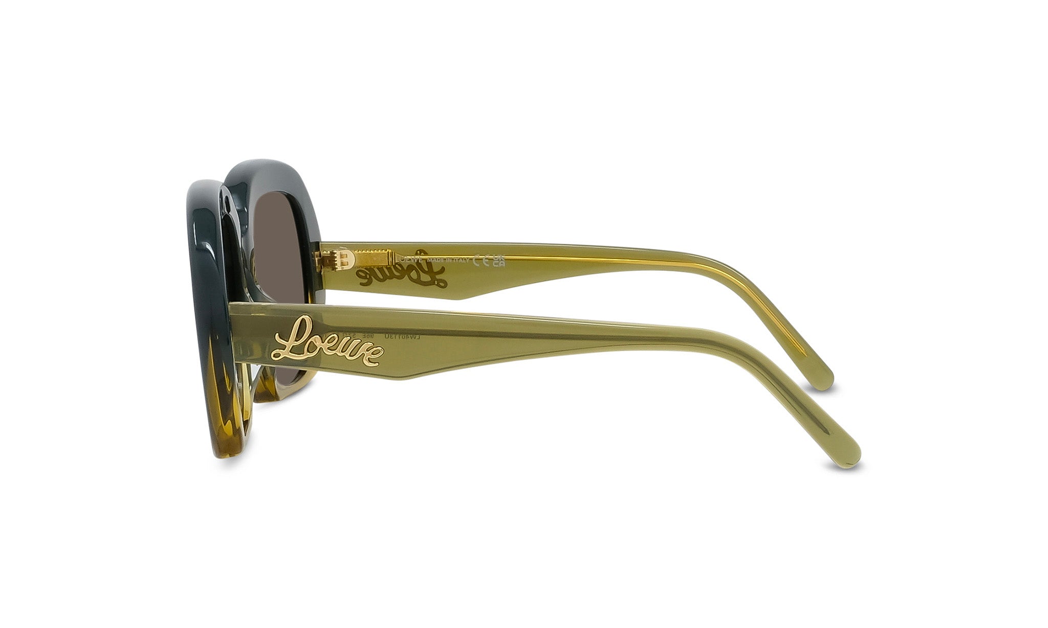 A pair of stylish sunglasses with a gold frame and dark lenses.