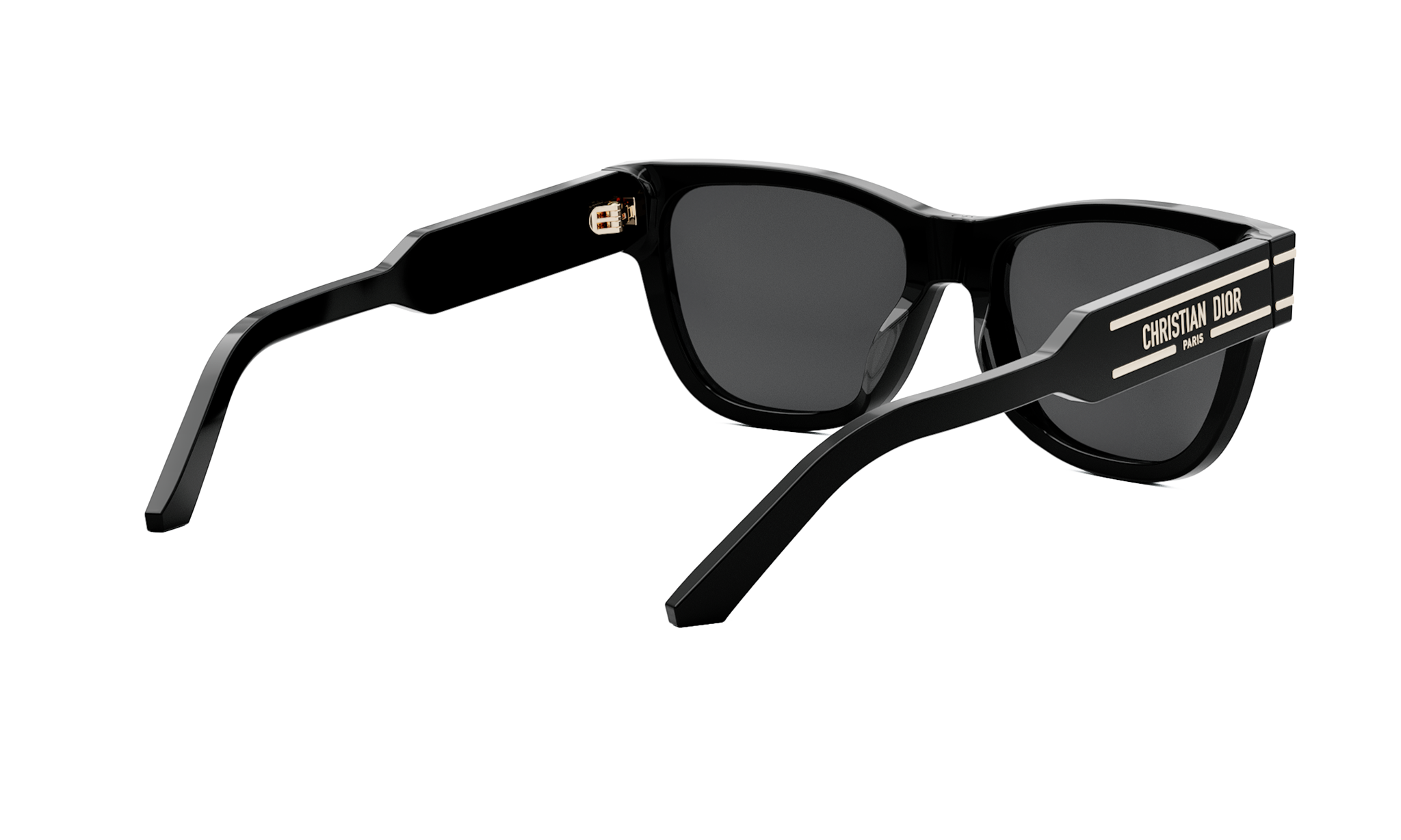 A pair of black sunglasses with a gold-colored frame.