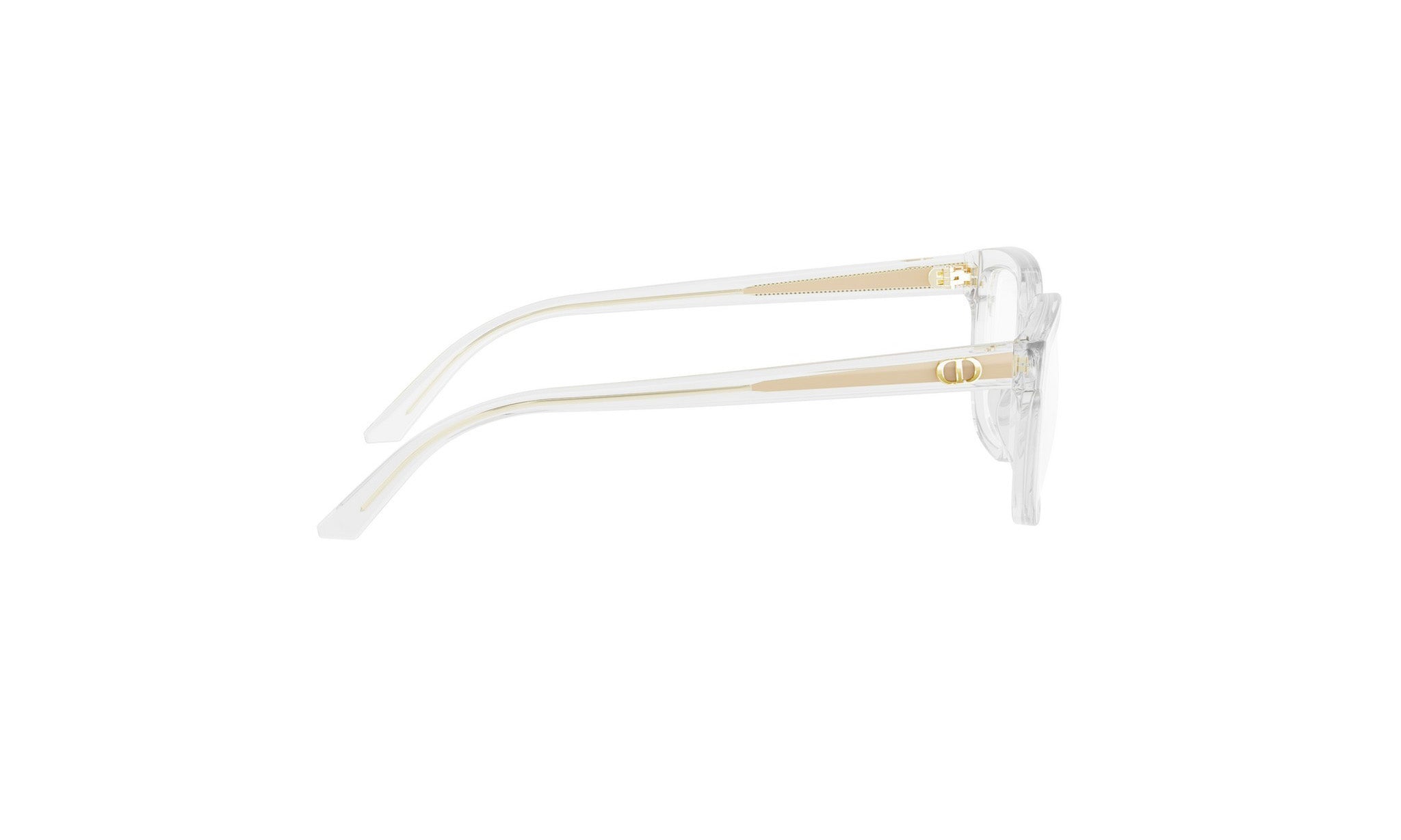 A pair of clear, white-framed glasses with gold accents.