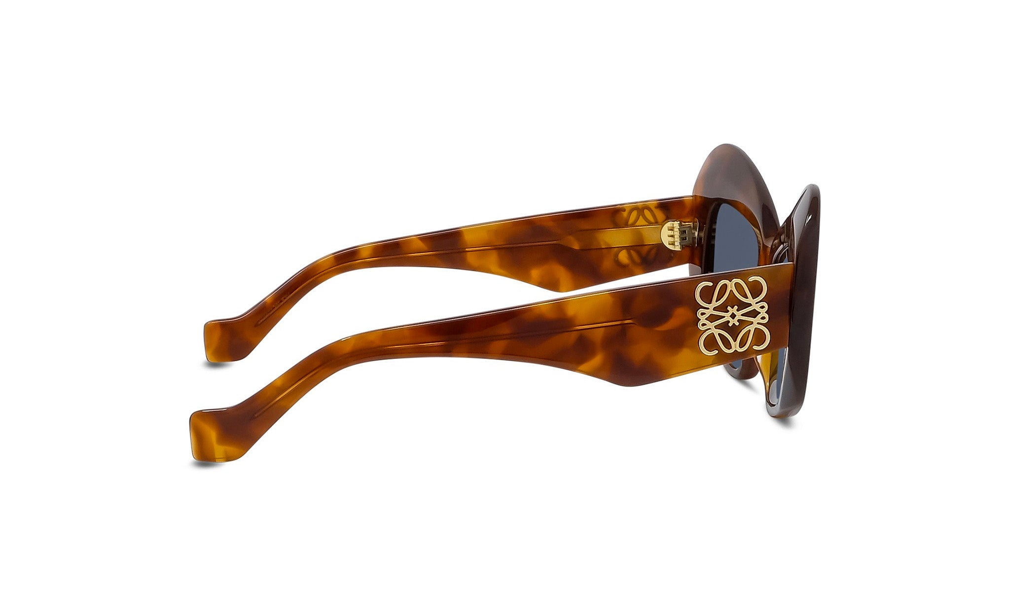 A pair of stylish sunglasses with a tortoiseshell frame and a gold logo on the side.