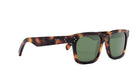 A pair of tortoiseshell sunglasses with green lenses, featuring a dark frame and a gold-colored logo on the side.