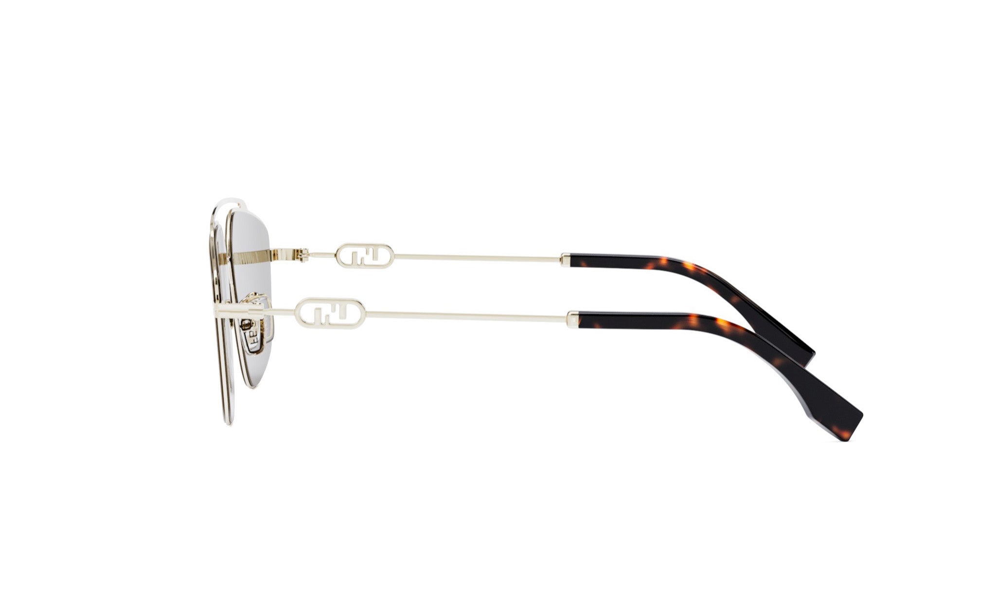 A pair of sunglasses with a tortoiseshell frame and a silver frame.