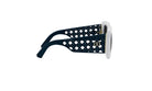A pair of sunglasses with a black frame and white temples, featuring a perforated pattern.