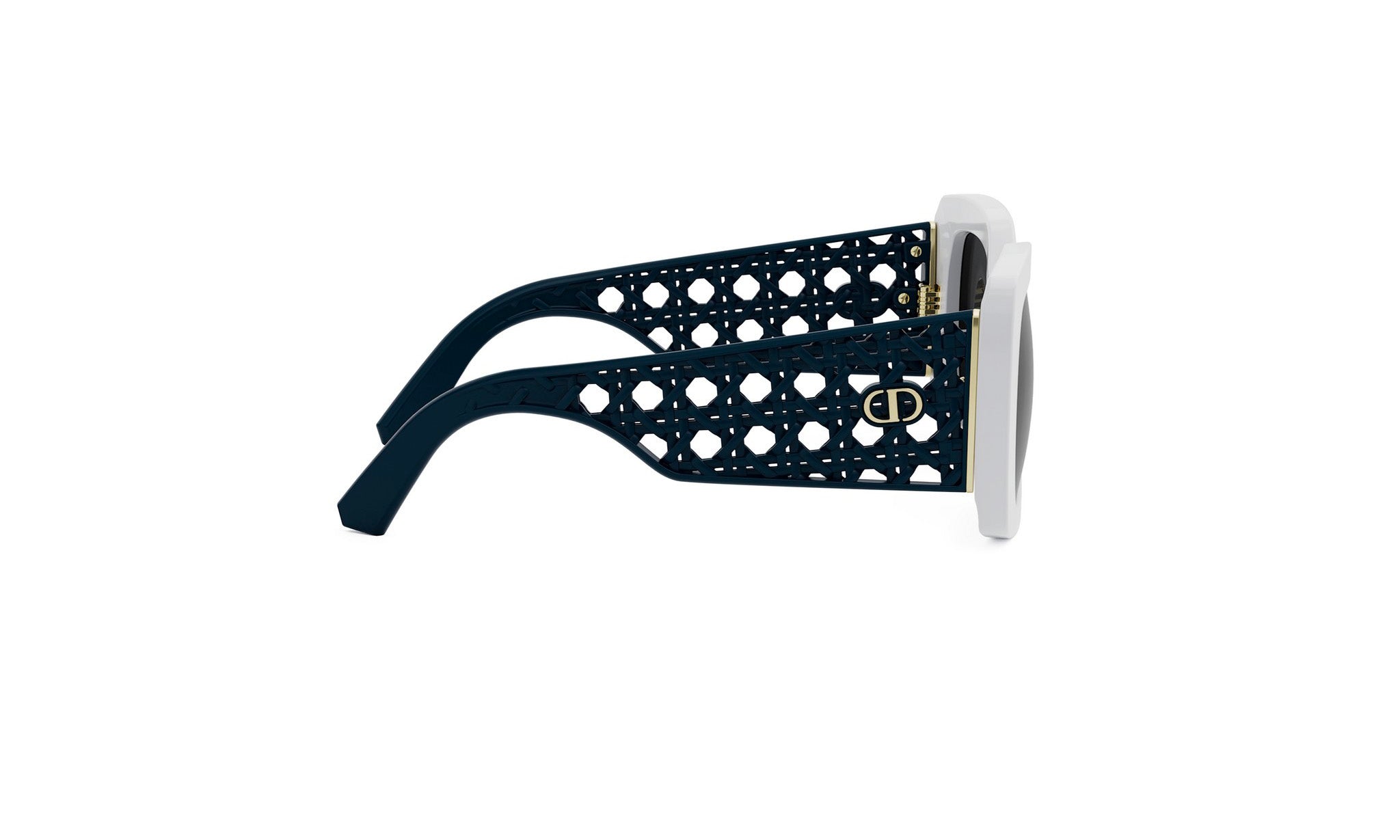 A pair of sunglasses with a black frame and white temples, featuring a perforated pattern.