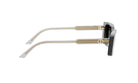 A pair of sunglasses with a gold-colored frame and black lenses.