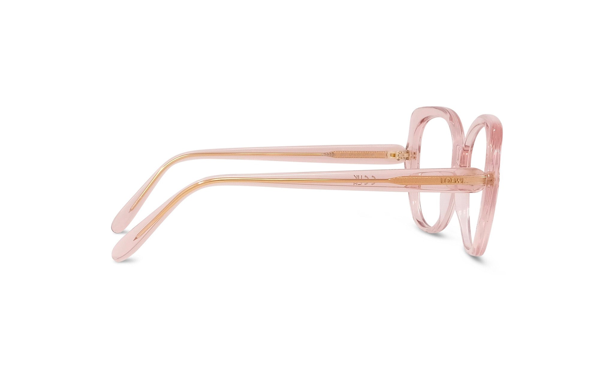 A pair of pink-framed glasses with gold accents, positioned side by side against a white background.