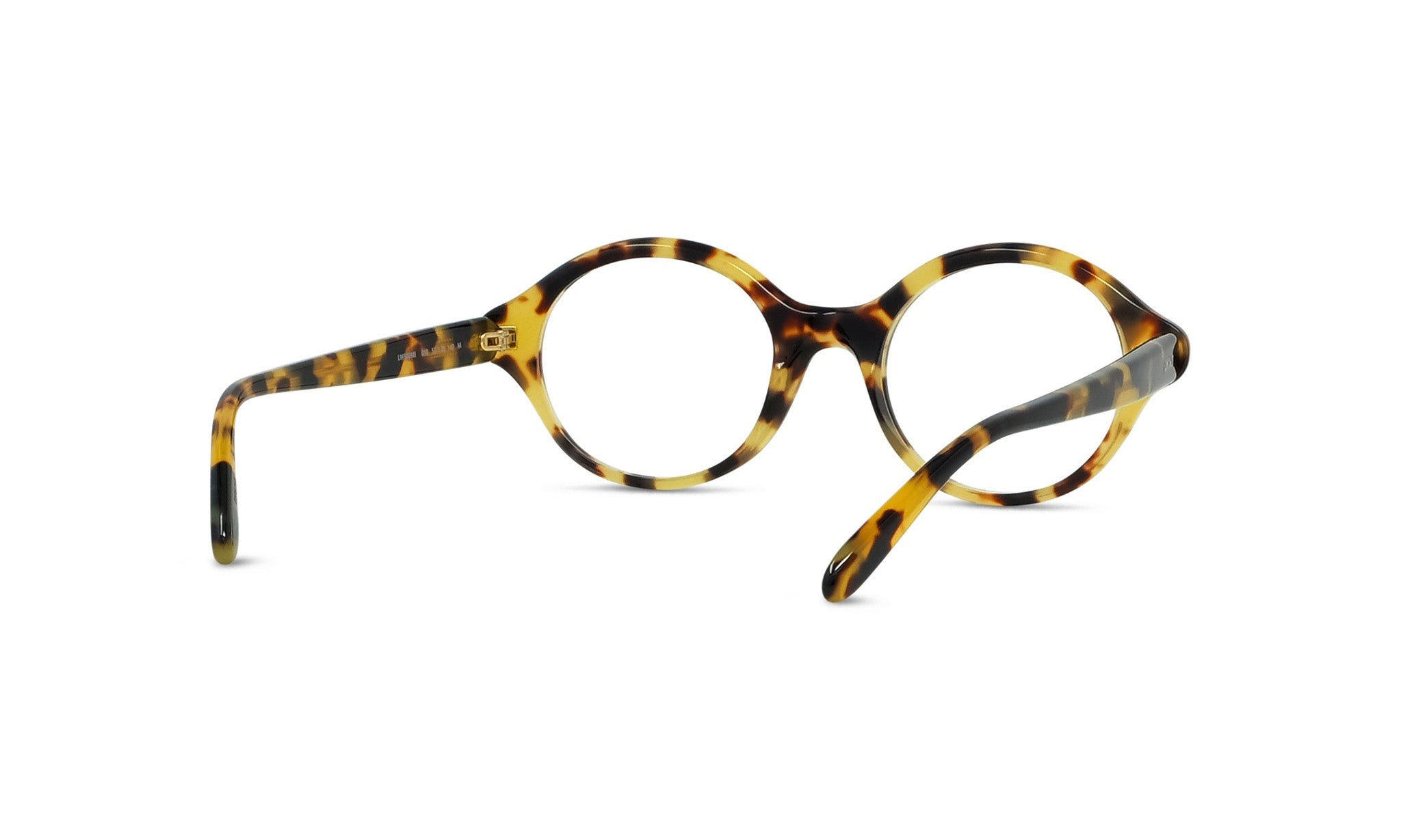 A pair of tortoiseshell-patterned eyeglasses with a round frame and a black frame.