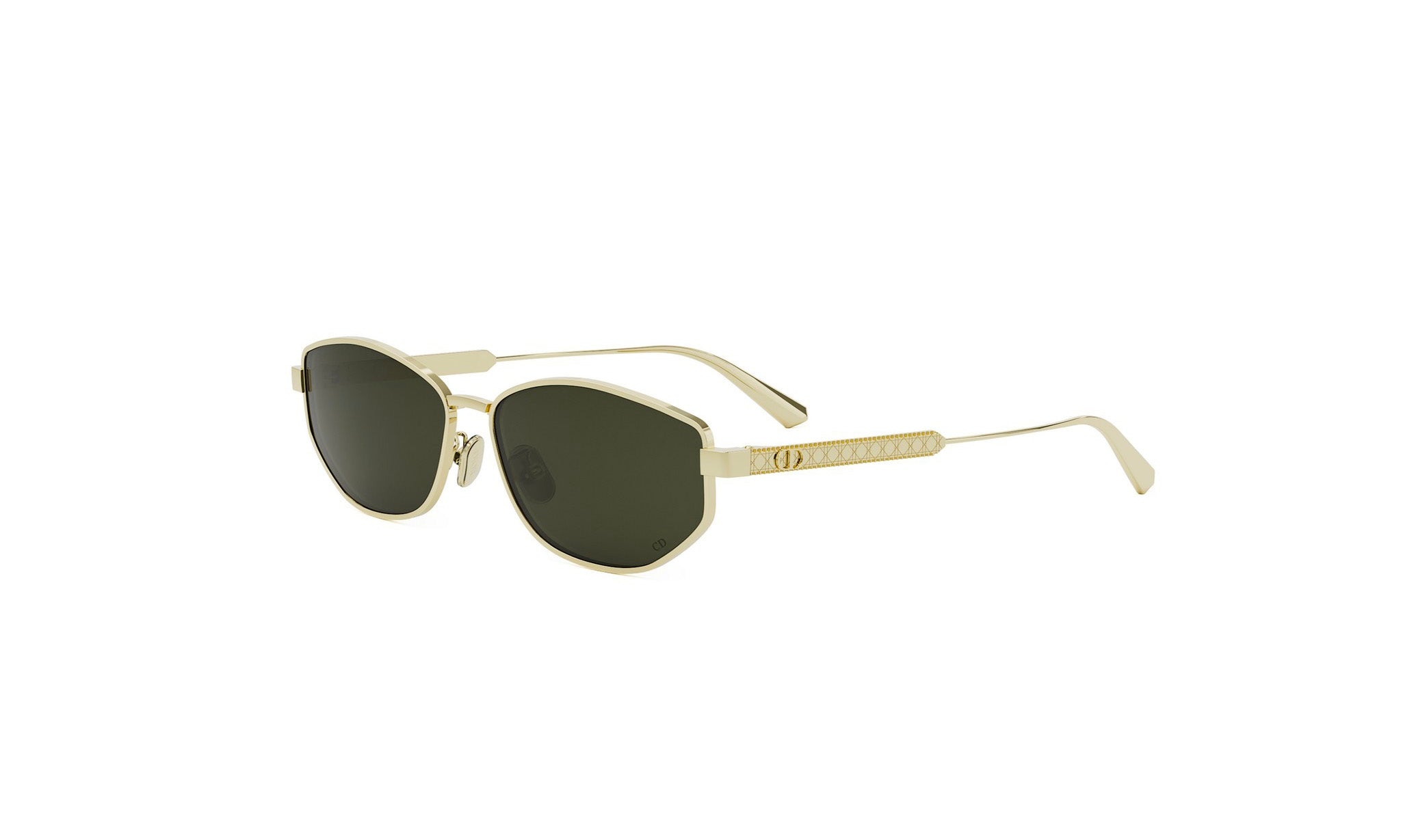 A pair of gold-colored sunglasses with dark lenses.