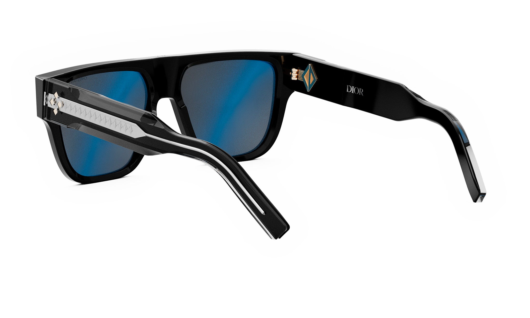 A pair of black sunglasses with blue lenses, featuring a Dior logo on the frame.