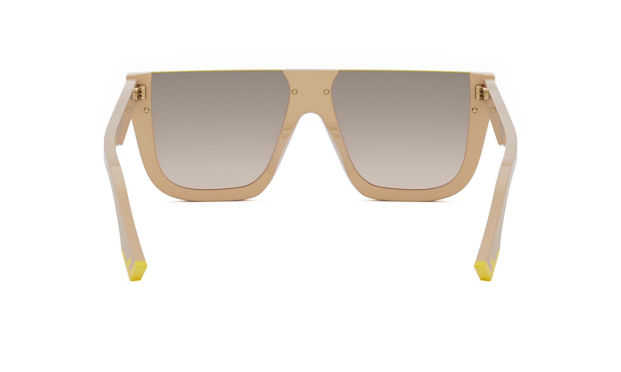 A pair of tan-colored sunglasses with yellow accents, featuring a sleek and modern design.