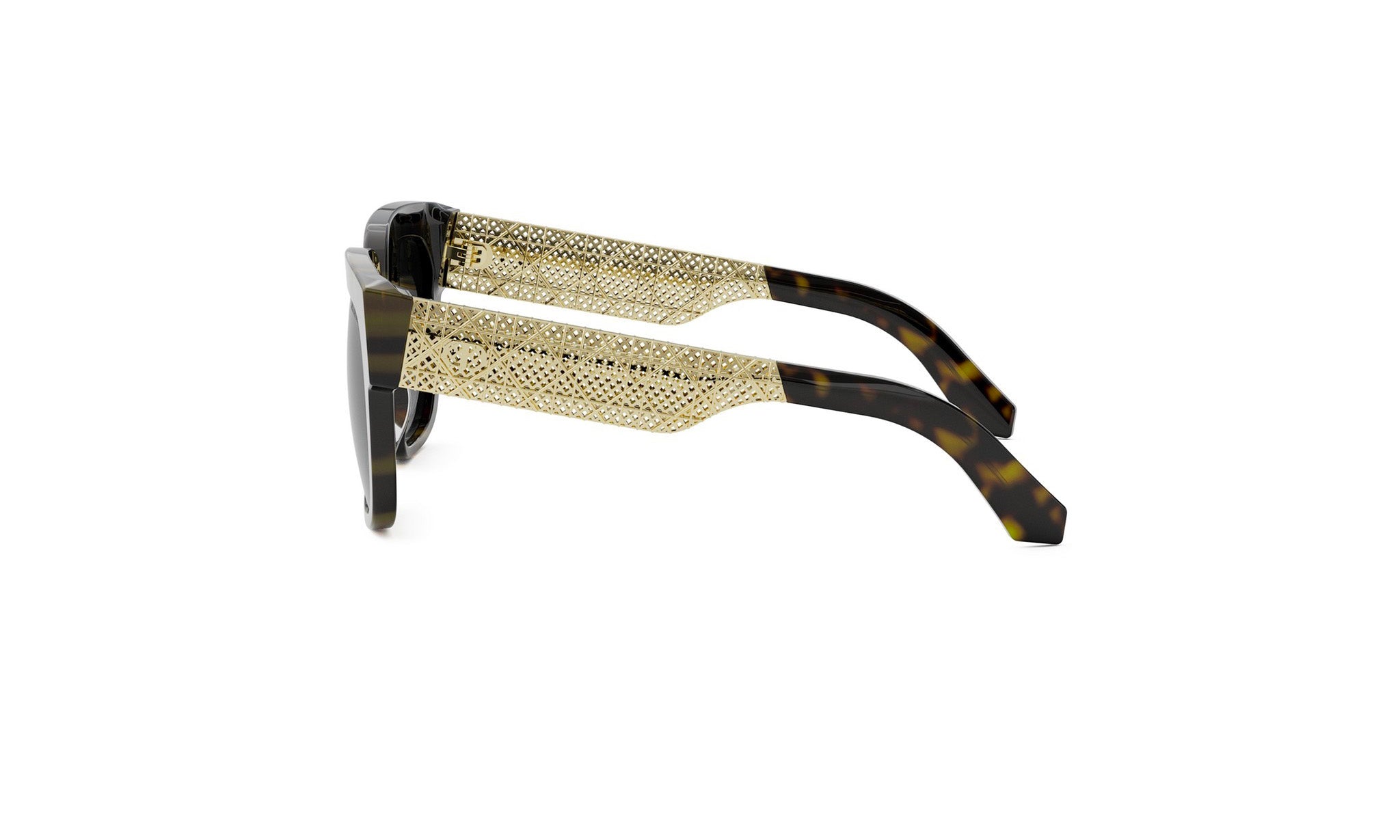 A pair of stylish sunglasses with a gold-colored frame and black temples.