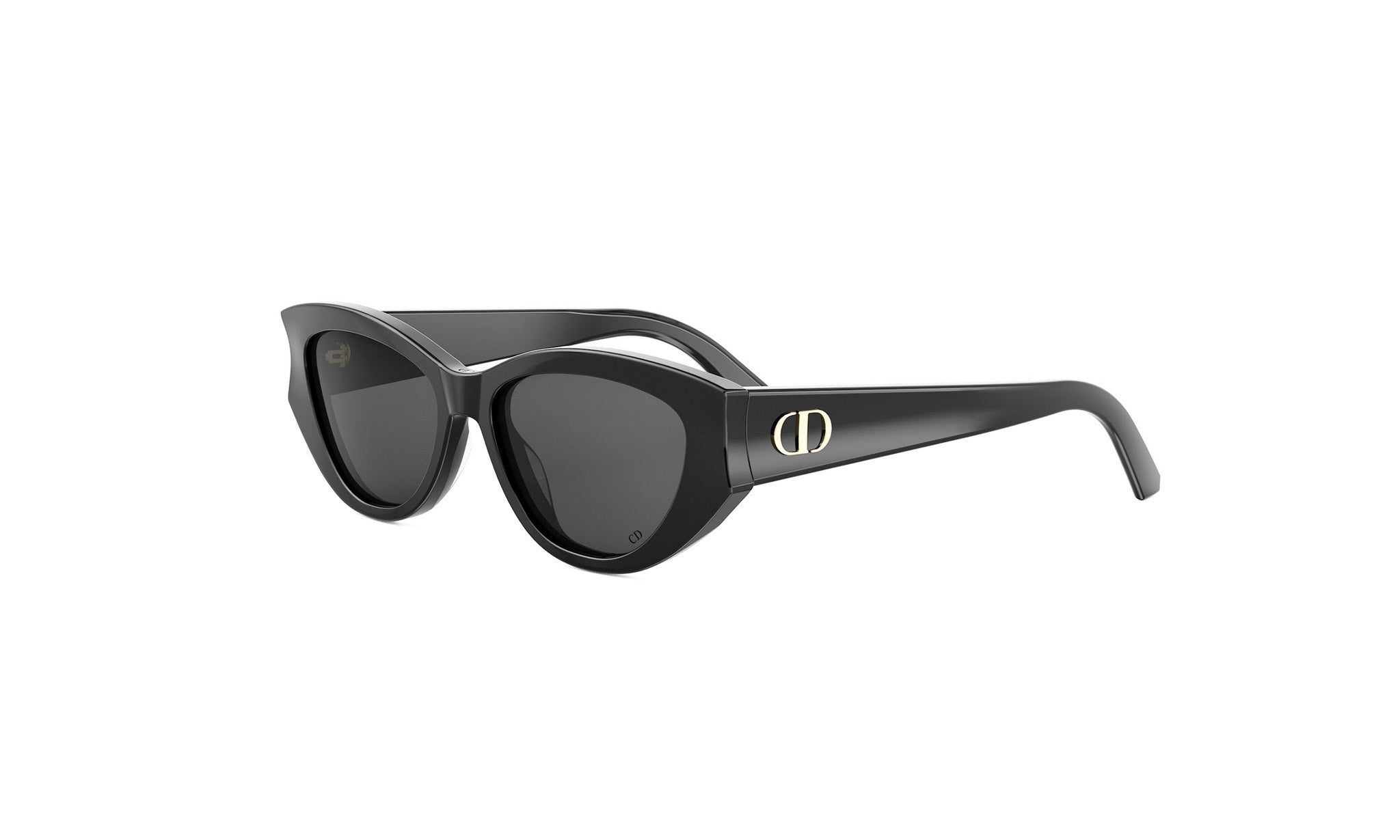 A pair of black cat-eye sunglasses with a gold logo on the frame.