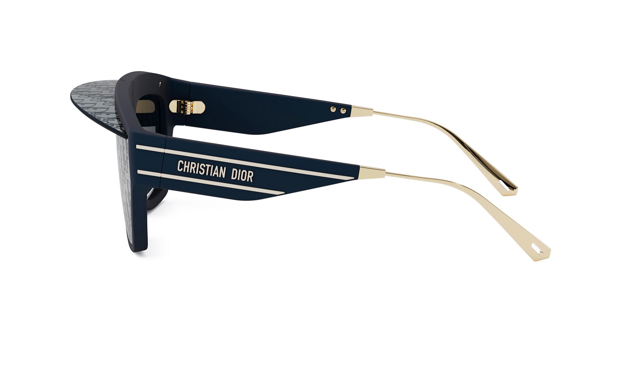 A pair of blue Christian Dior sunglasses with gold accents.