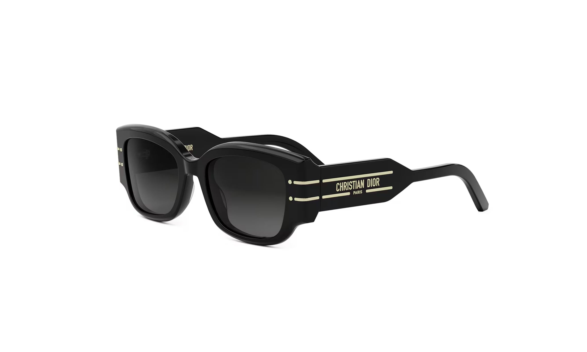 A pair of black sunglasses with the brand name "CHRISTIAN DIOR" printed on the side.
