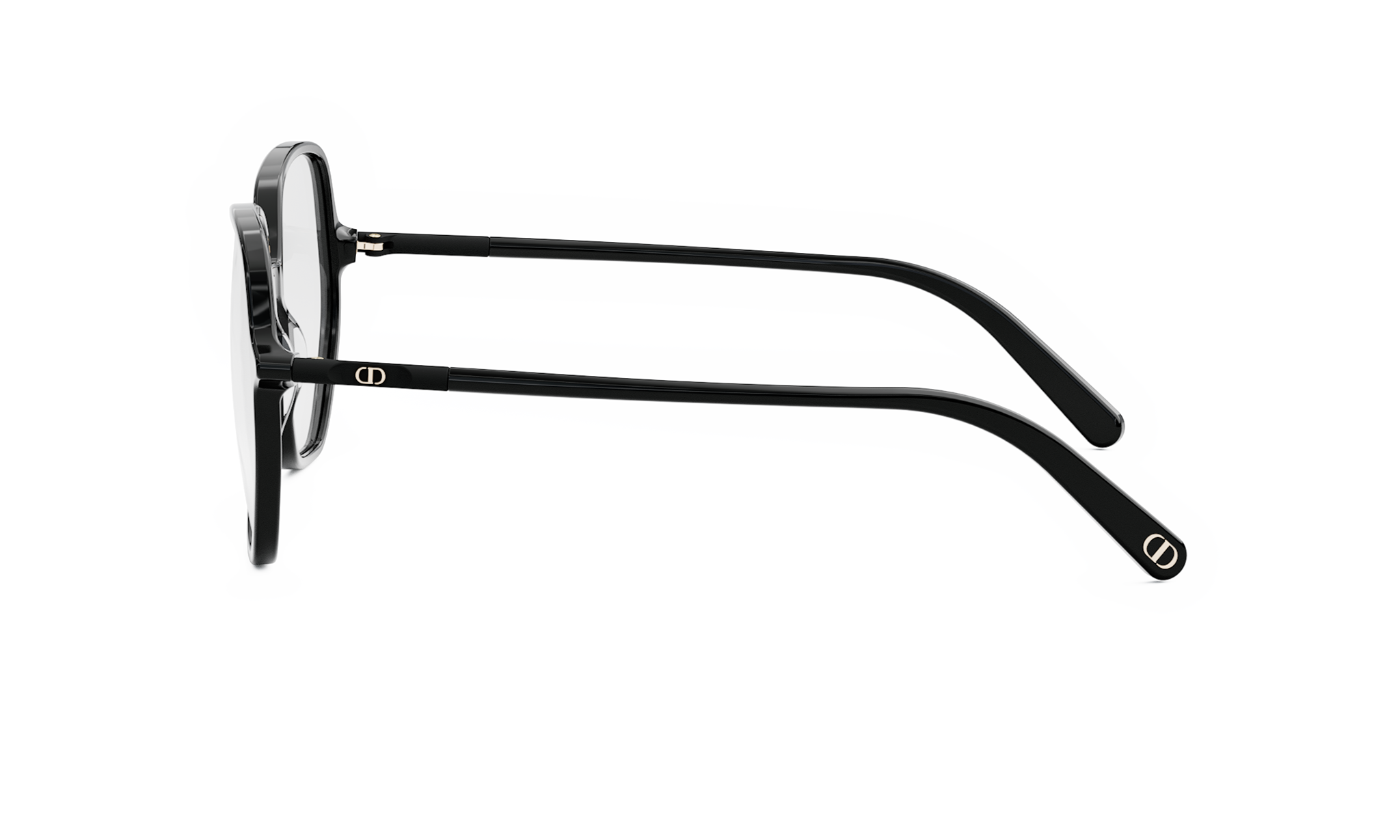 A pair of black-framed glasses with a Dior logo on the temples.