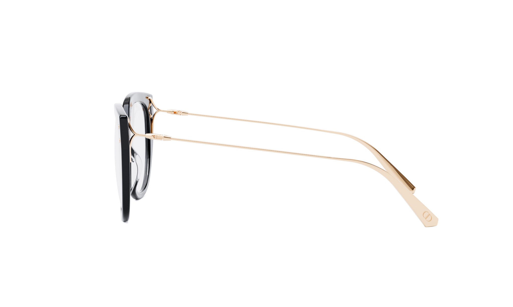 A pair of black-framed glasses with gold-colored metal arms.
