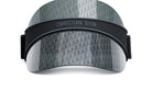 A black and silver Christian Dior sun visor with a repeating pattern of the Dior logo.