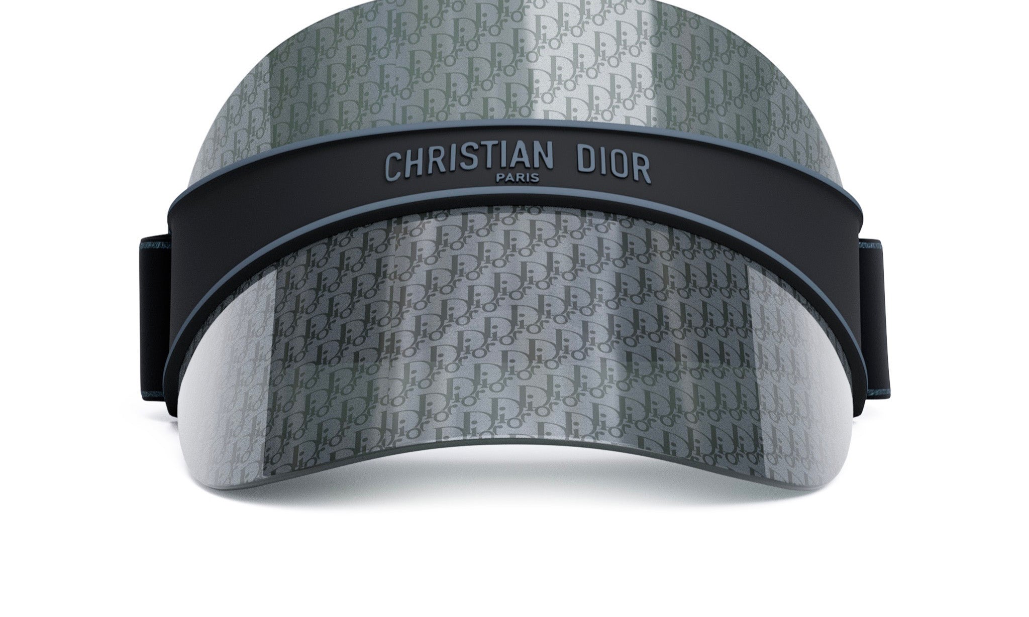 A black and silver Christian Dior sun visor with a repeating pattern of the Dior logo.