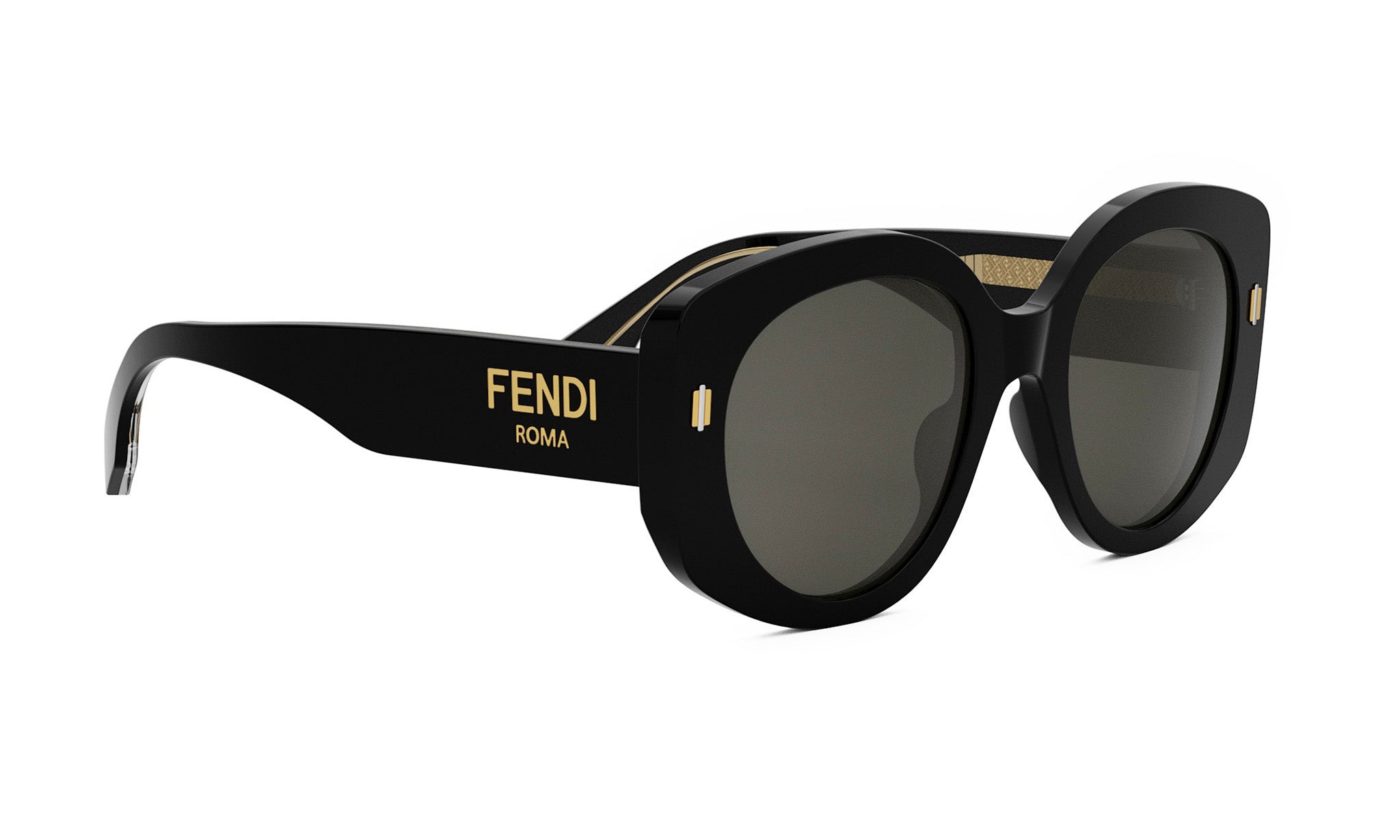 A pair of black Fendi sunglasses with dark lenses.