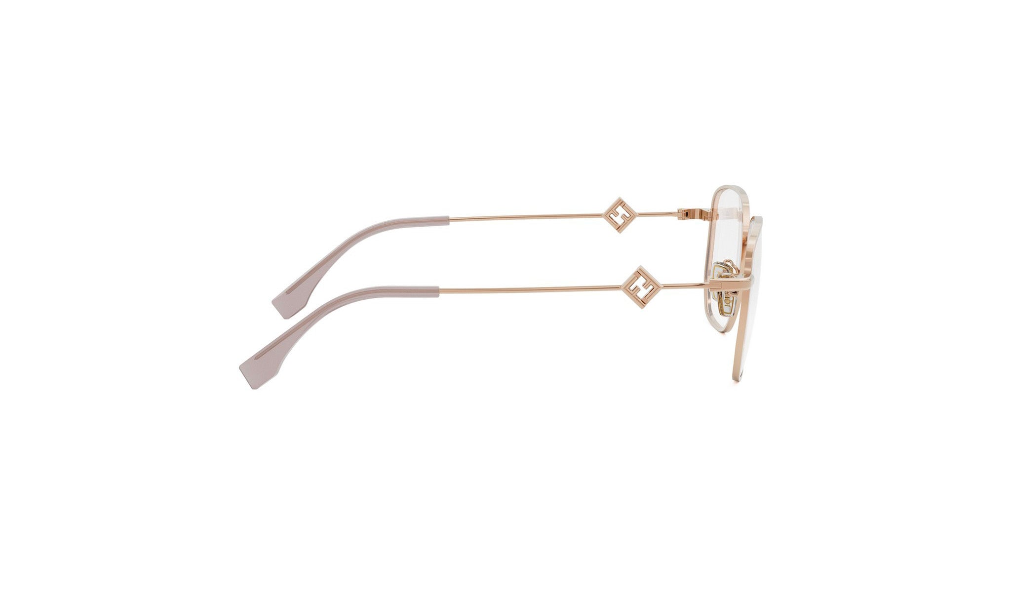 A pair of gold-colored eyeglasses with a diamond-shaped design on the temples.