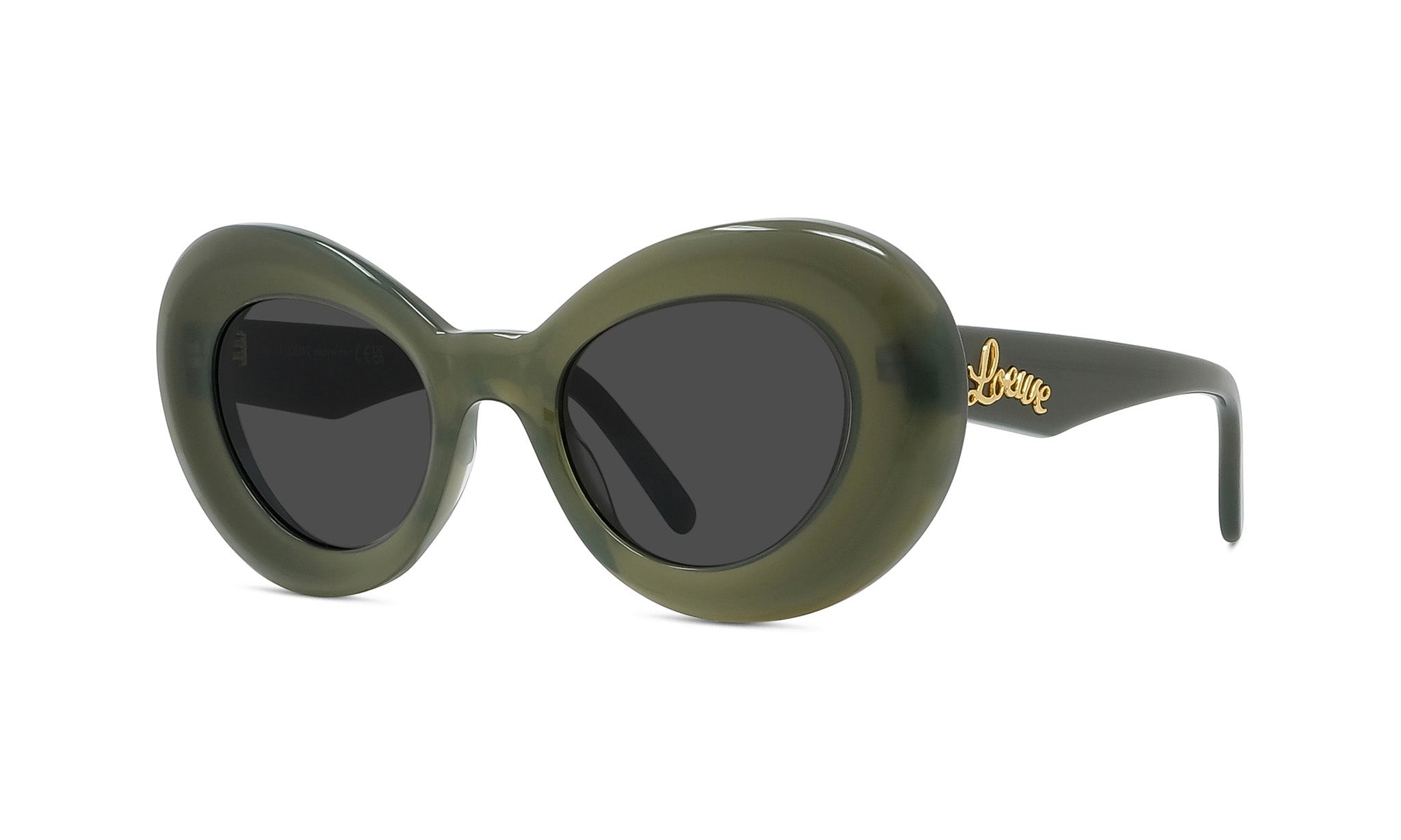 A pair of olive green, round-framed sunglasses with dark lenses.