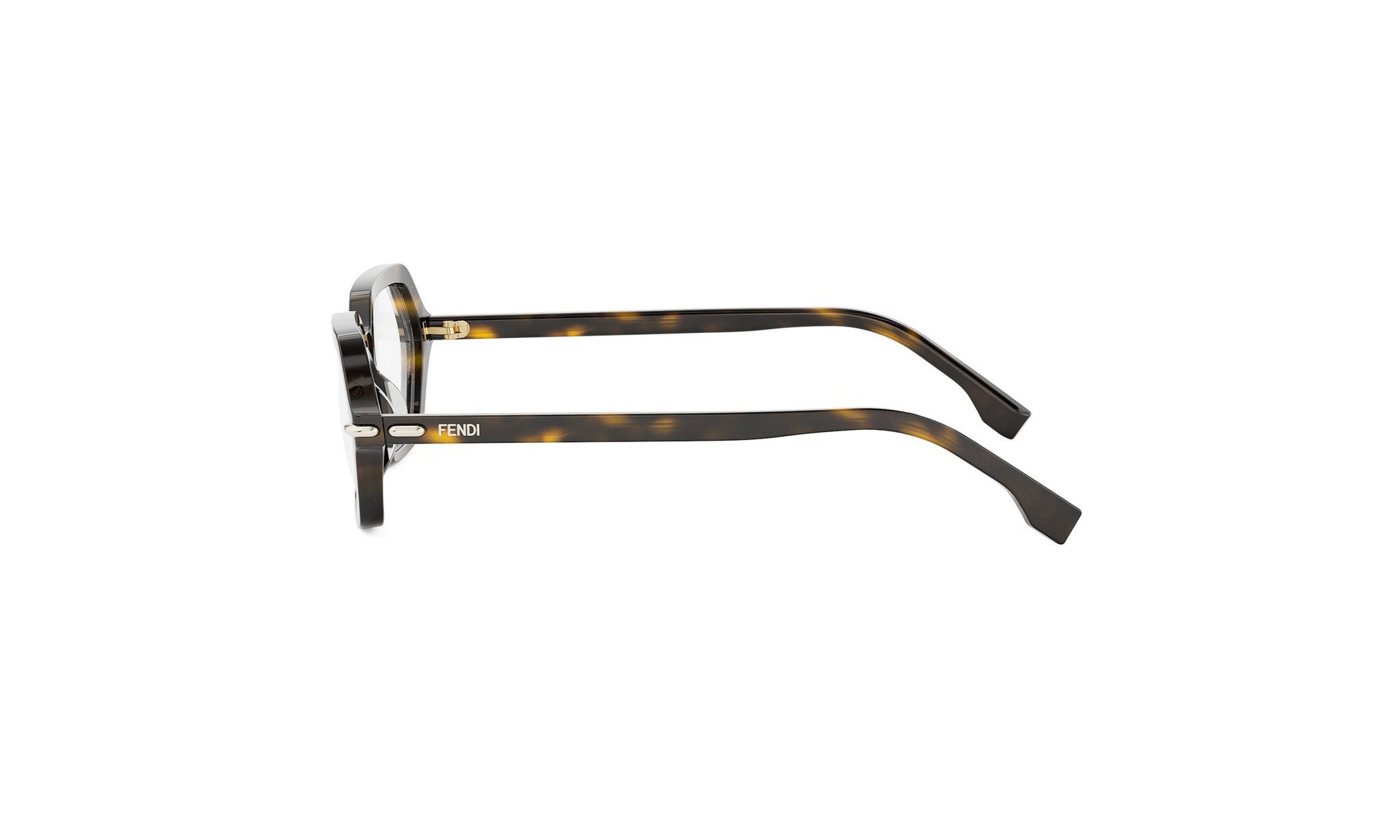 A pair of tortoiseshell-framed eyeglasses with the Fendi logo visible on the temples.