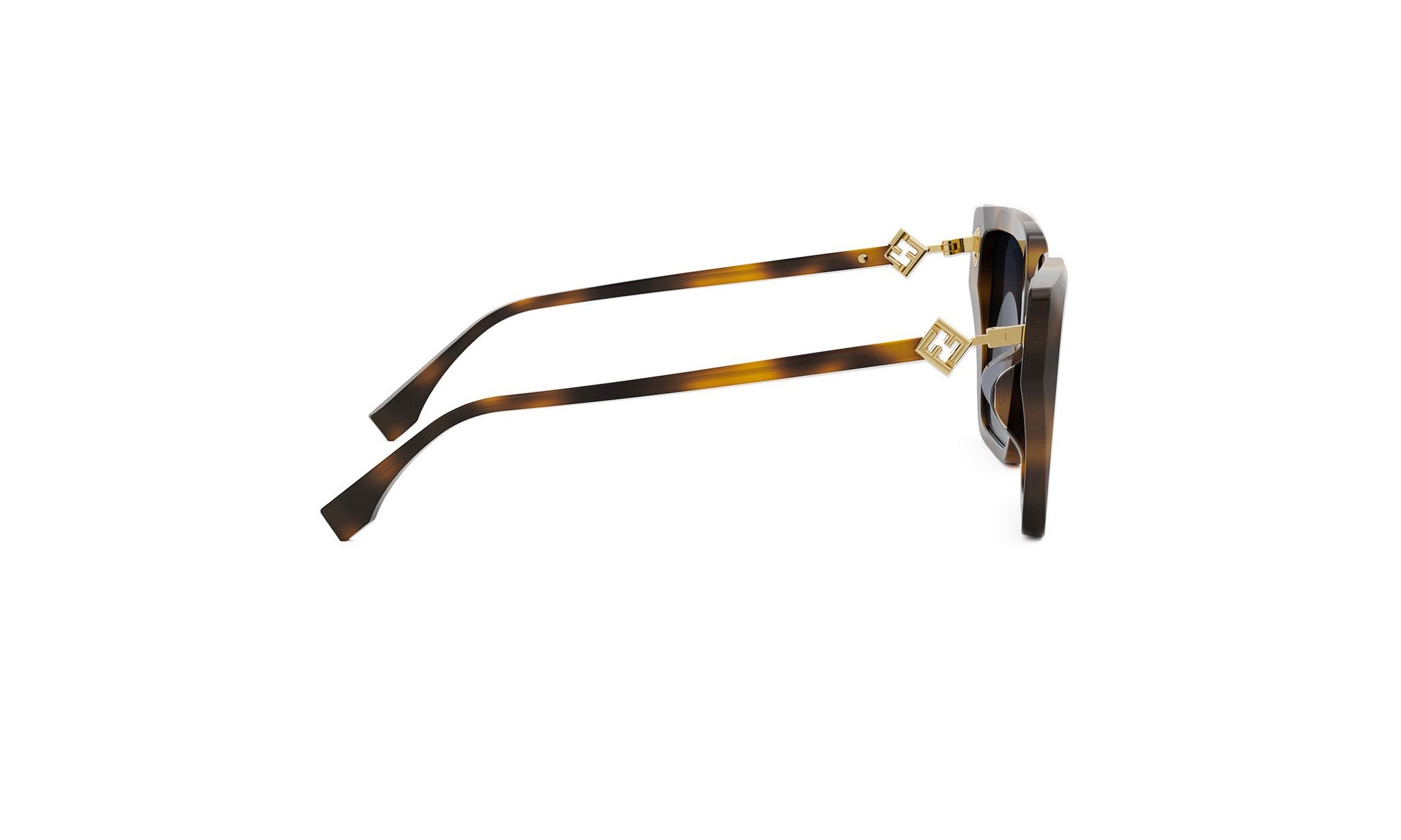 A pair of brown sunglasses with gold accents, positioned side by side against a white background.