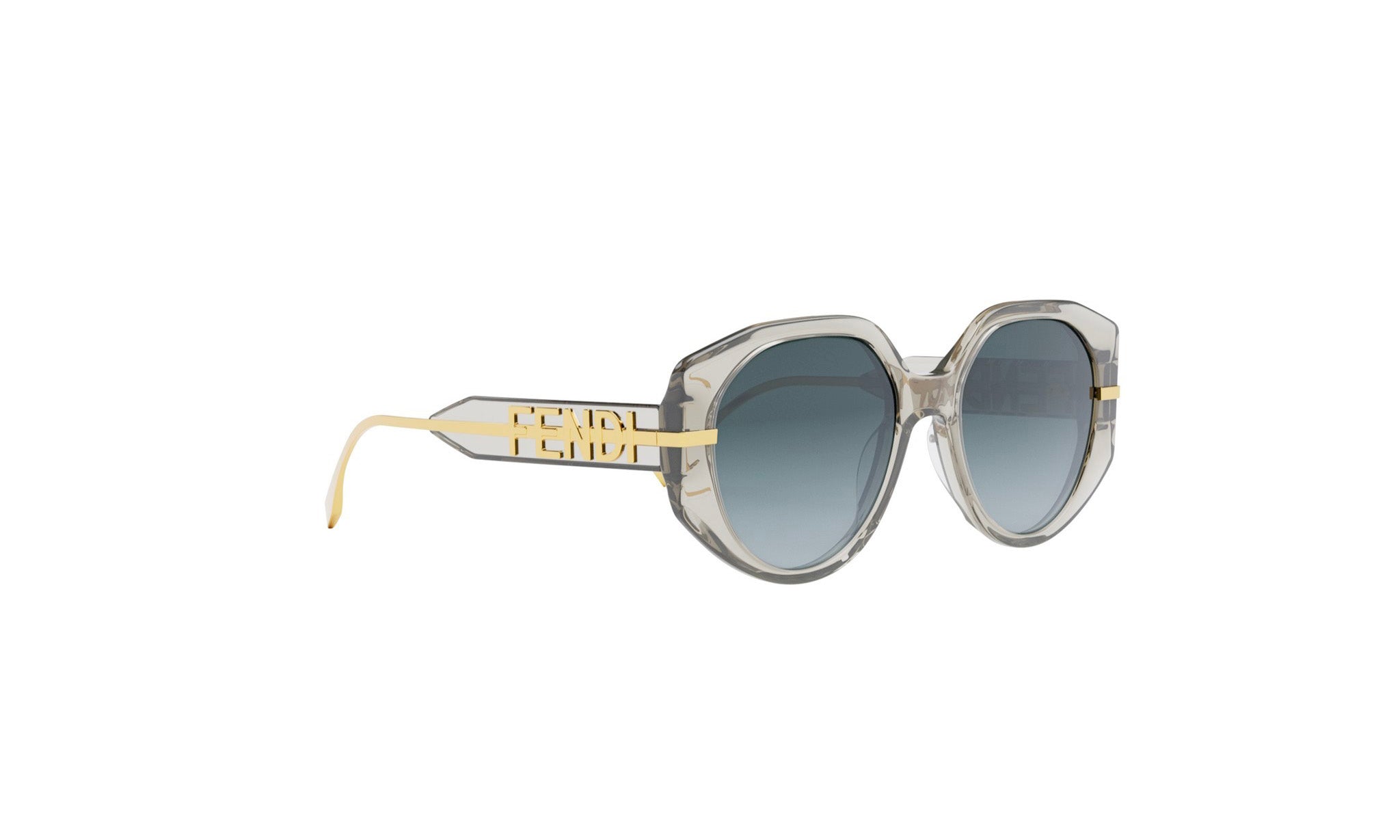A pair of stylish sunglasses with a gold frame and dark lenses.
