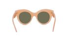 A pair of peach-colored sunglasses with dark green lenses.