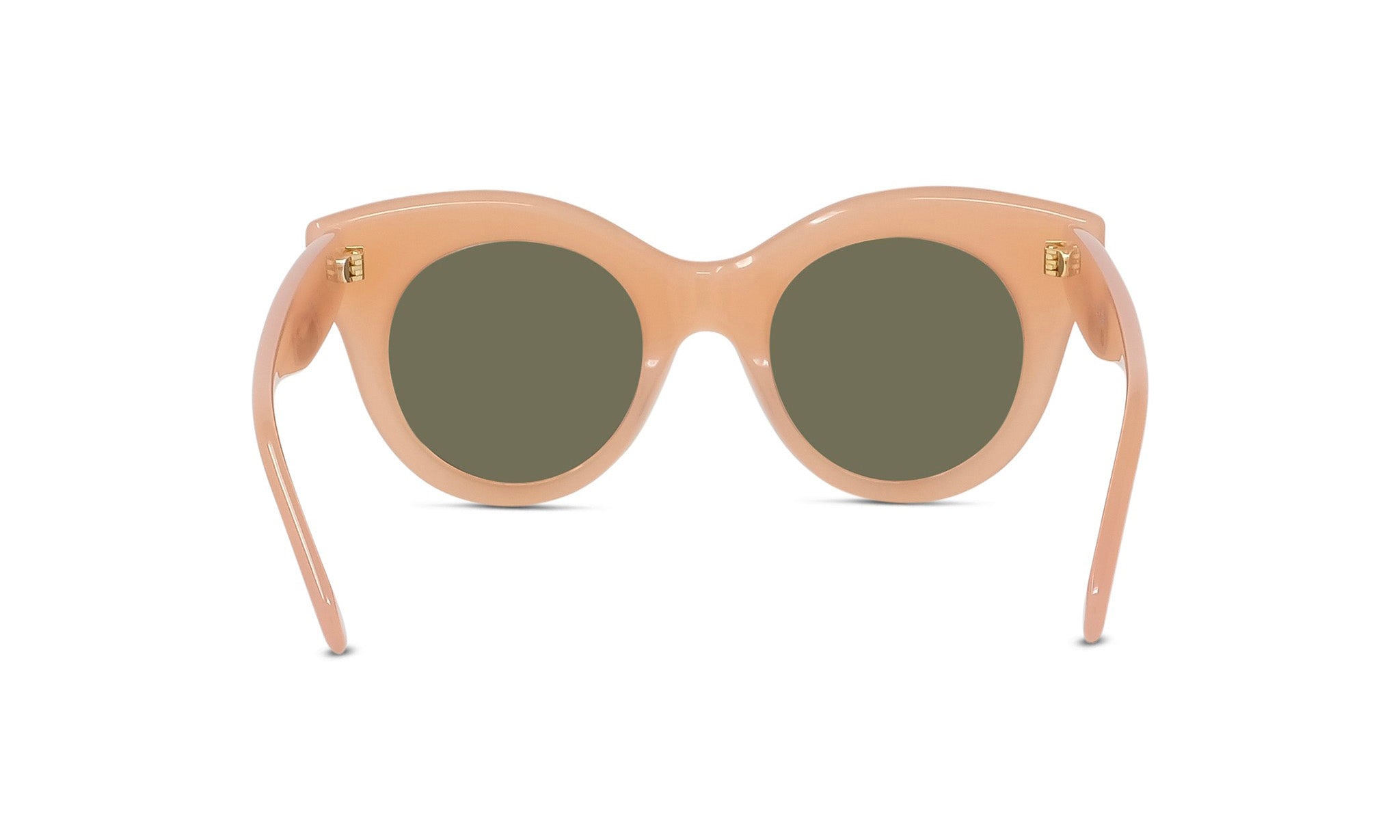 A pair of peach-colored sunglasses with dark green lenses.