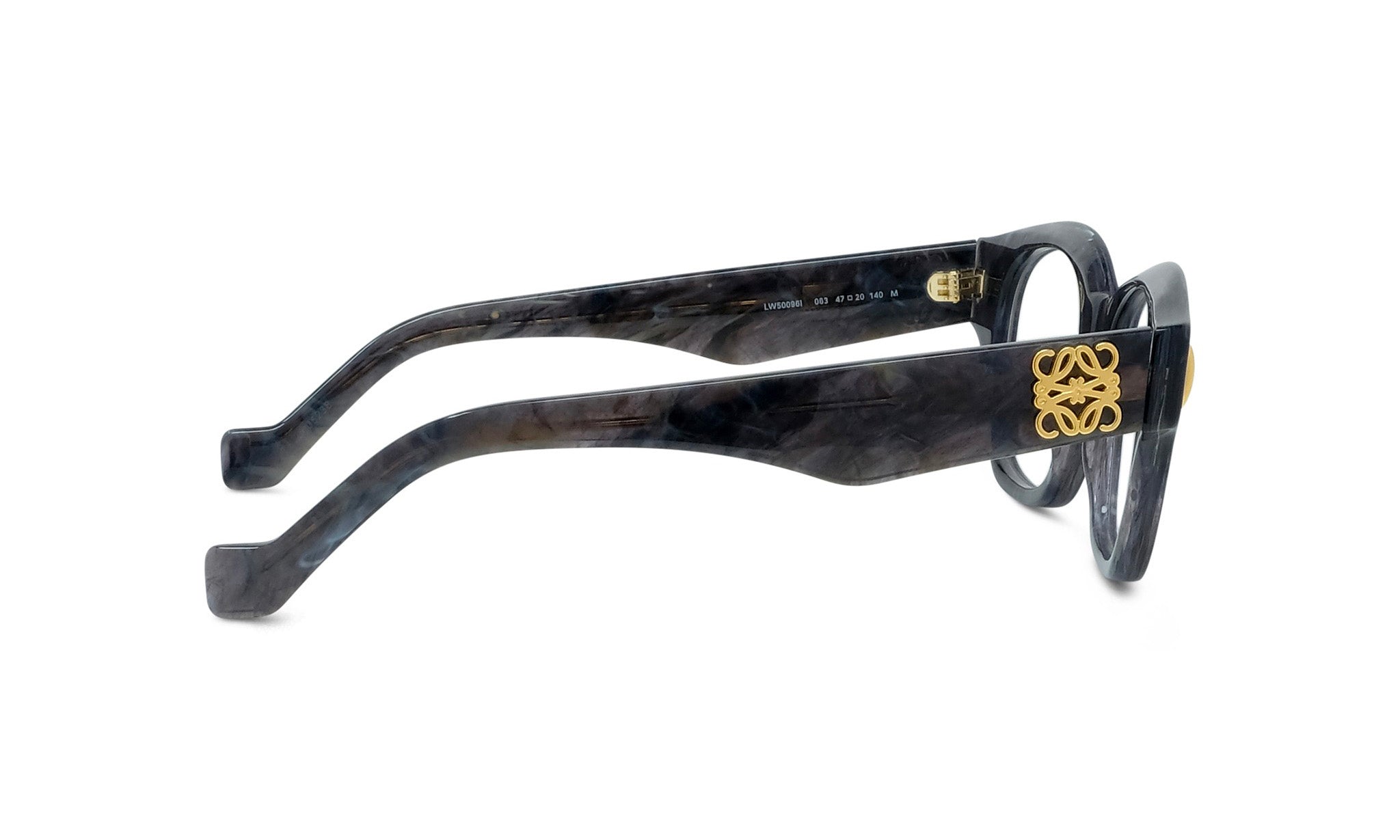 A pair of stylish, dark-framed glasses with a gold-colored logo on the temples.