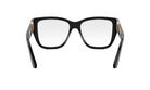 A pair of black-framed glasses with gold accents, positioned facing forward.
