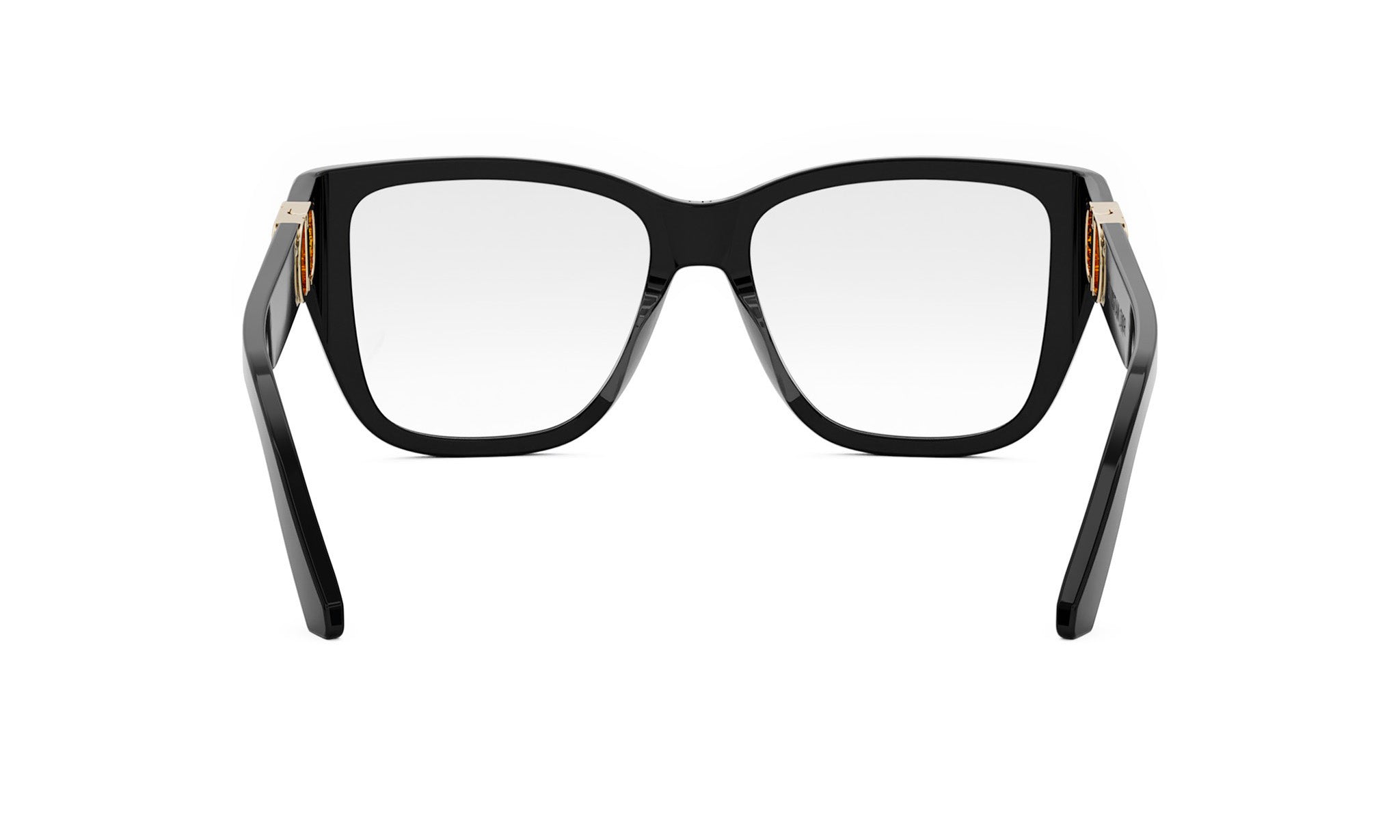 A pair of black-framed glasses with gold accents, positioned facing forward.