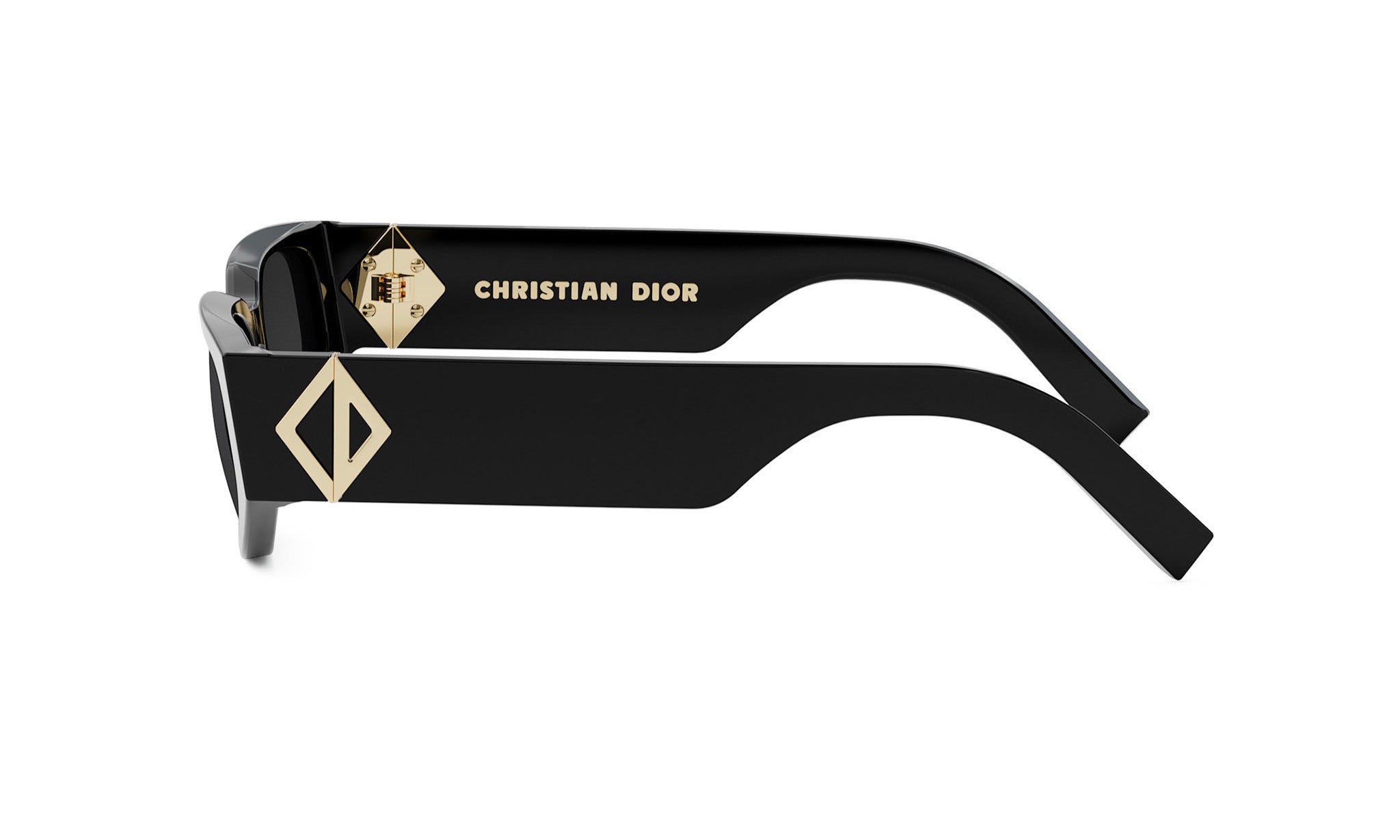 A pair of black sunglasses with gold accents and the logo of Christian Dior.