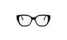 A pair of black-framed glasses with clear lenses, set against a white background.