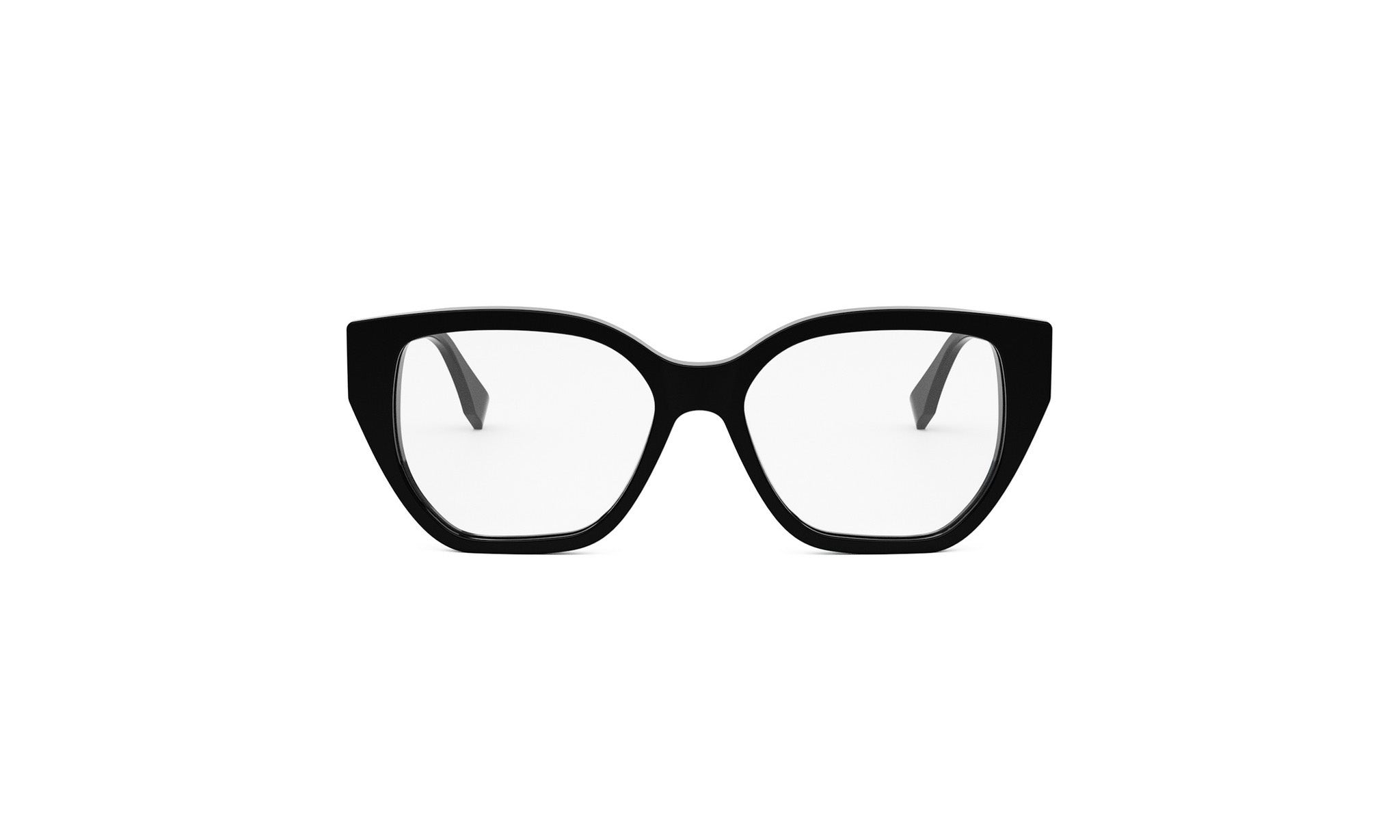 A pair of black-framed glasses with clear lenses, set against a white background.
