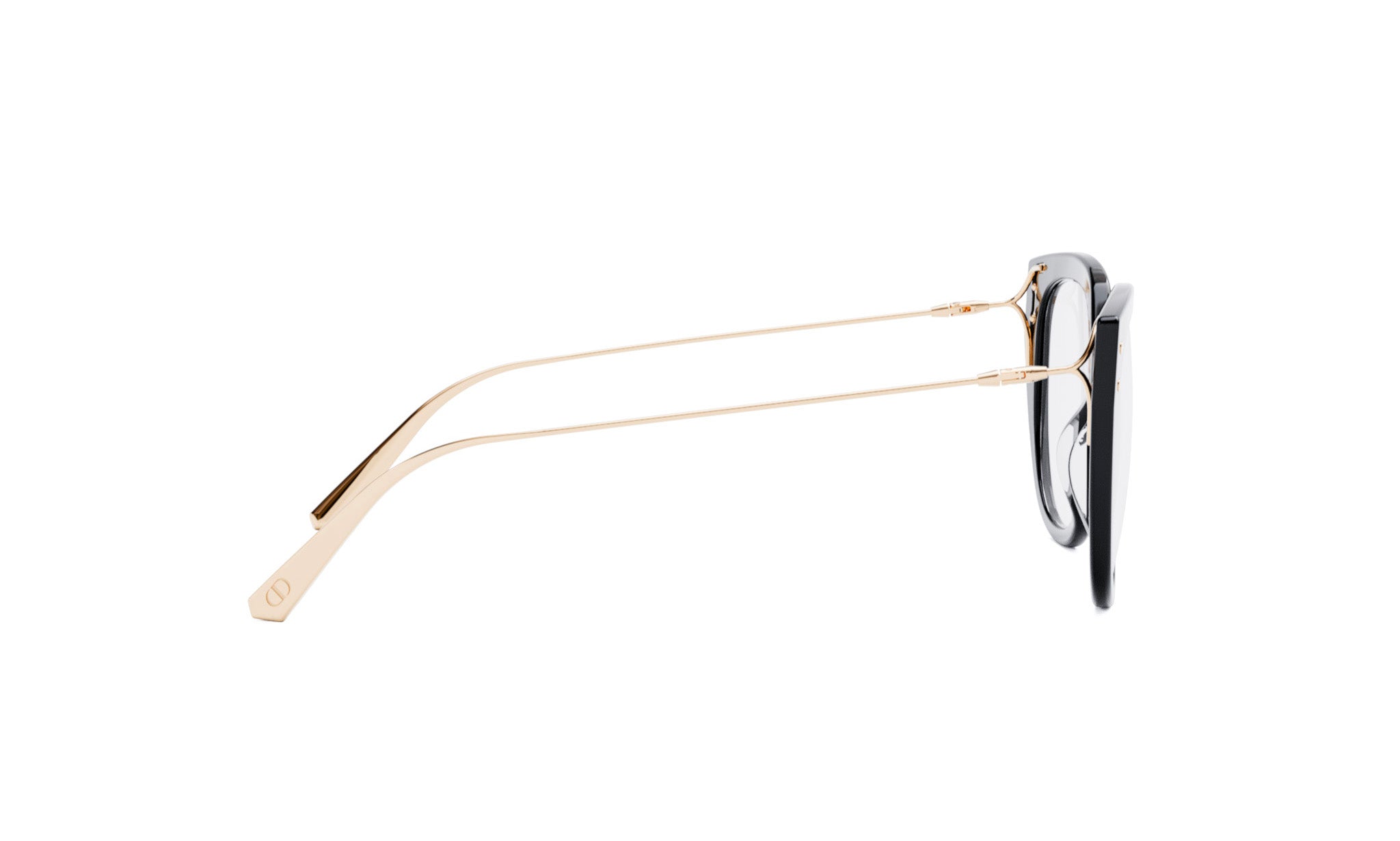 A pair of black-framed glasses with gold-colored arms and a gold-colored nose piece.