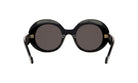 A pair of black round sunglasses with dark lenses.