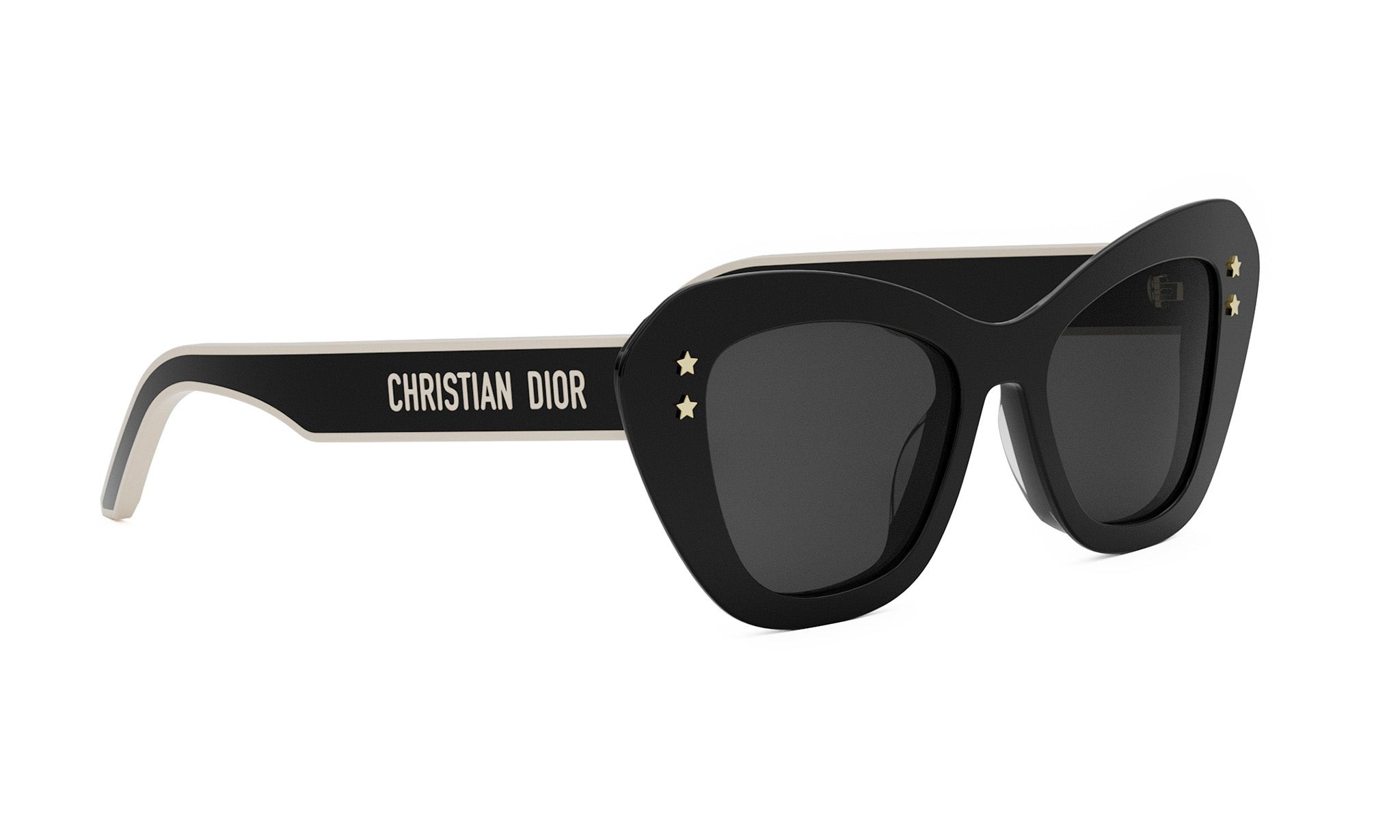 A pair of black sunglasses with gold star embellishments.