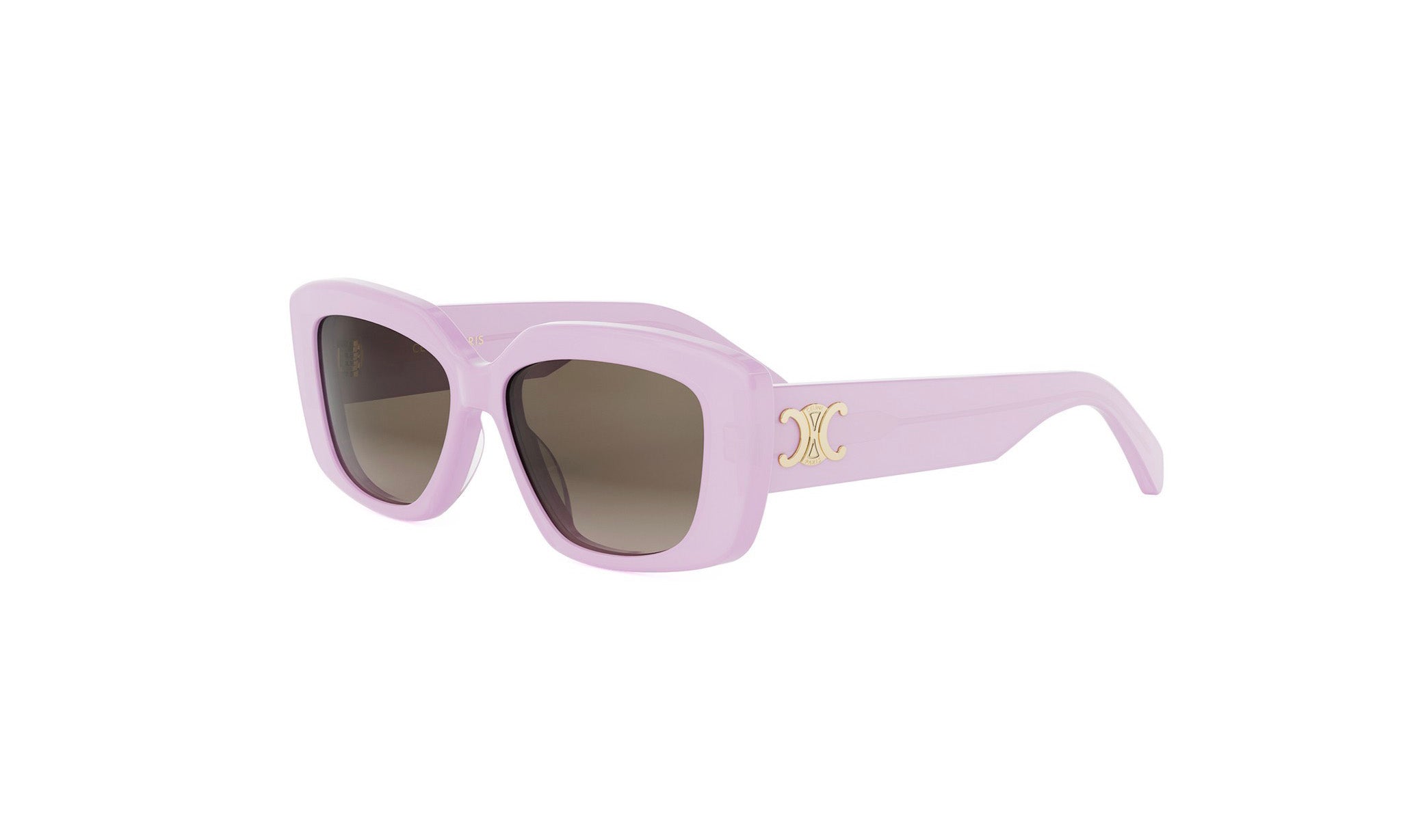A pair of pink sunglasses with a gold logo on the frame.