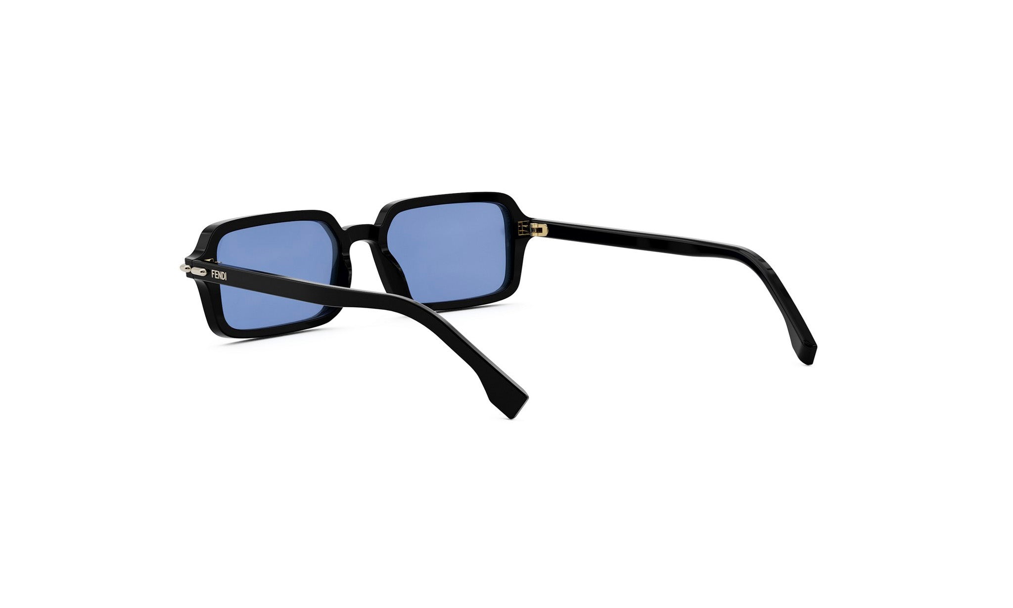 A pair of black sunglasses with blue lenses, positioned facing away from the camera.