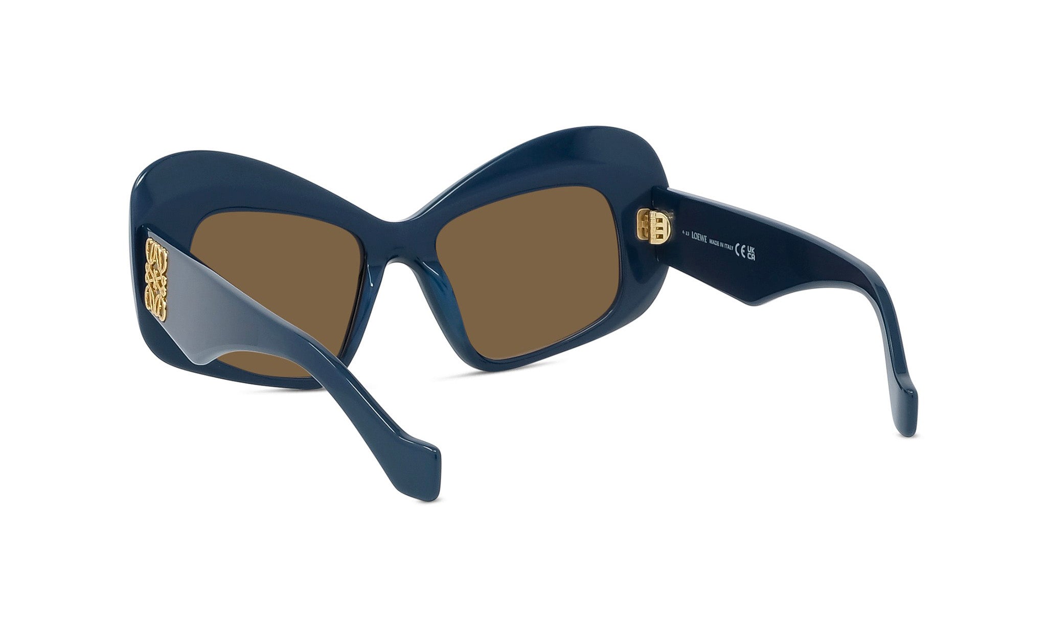 A pair of stylish sunglasses with a dark blue frame and brown lenses.