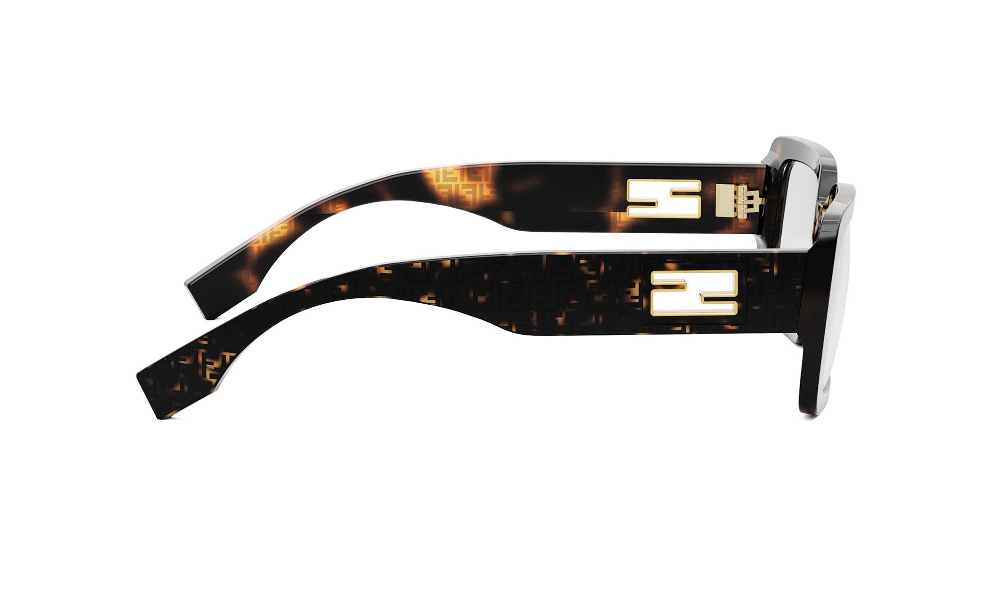 A pair of sunglasses with a dark frame and a gold-colored logo on the temples.