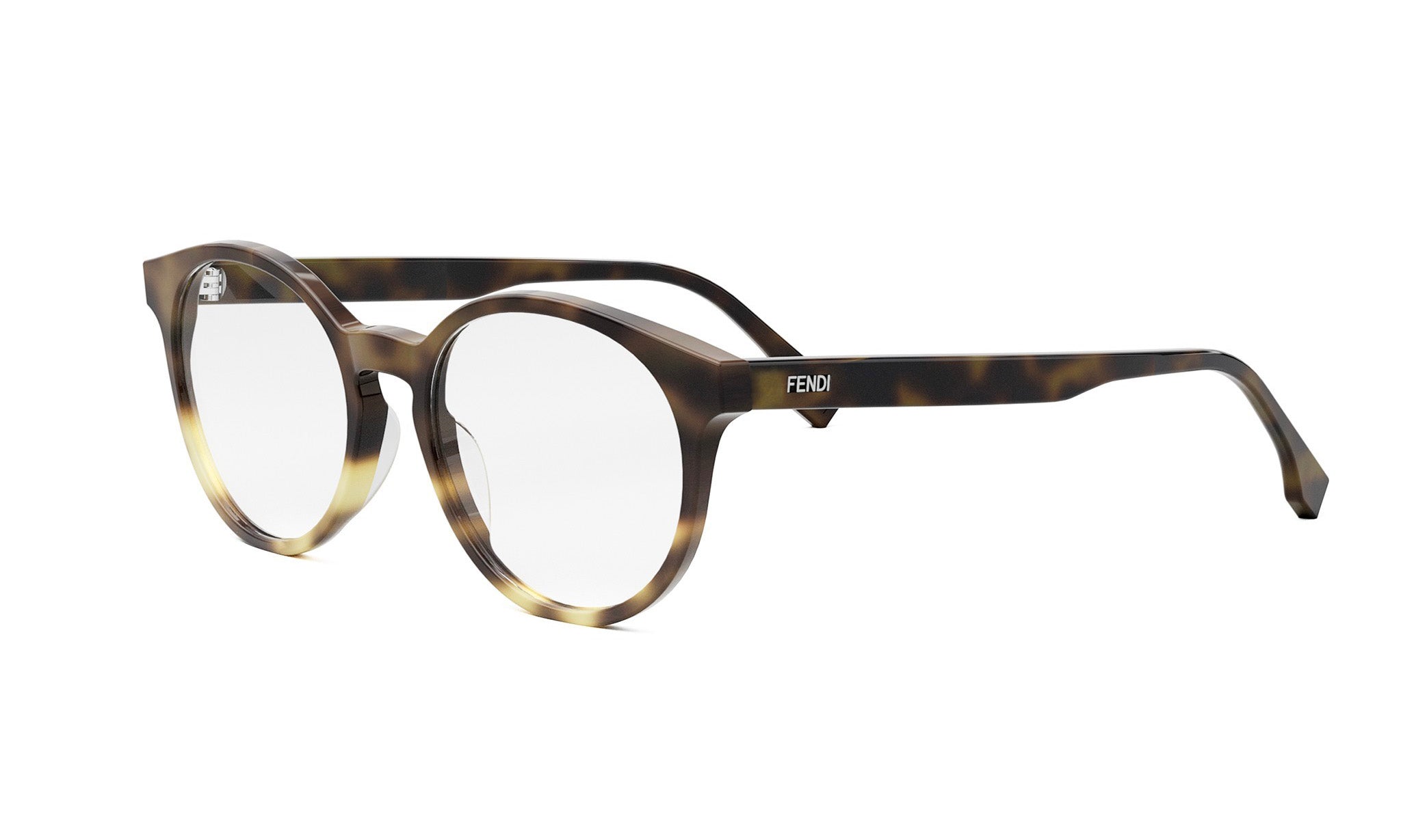 A pair of tortoiseshell-framed Fendi-branded eyeglasses against a white background.