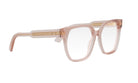 A pair of pink-framed glasses with a gold-colored accent detail.