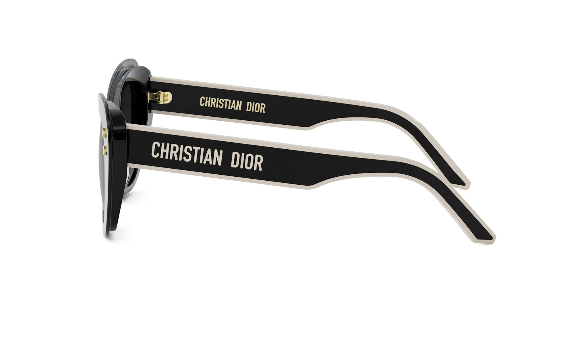 A pair of black Christian Dior sunglasses with the brand name prominently displayed on the frame.