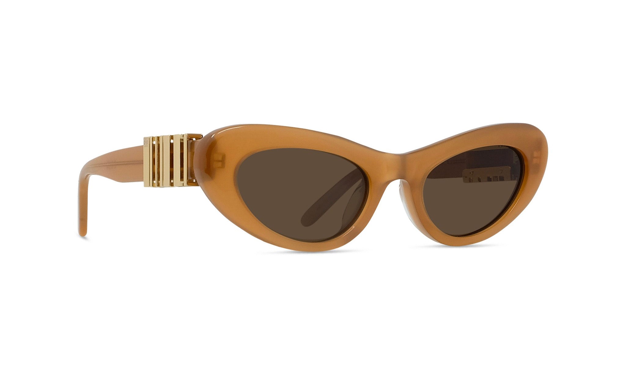 A pair of tan-colored cat-eye sunglasses with gold-colored metal accents.