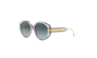 A pair of stylish sunglasses with a gold frame and dark lenses.