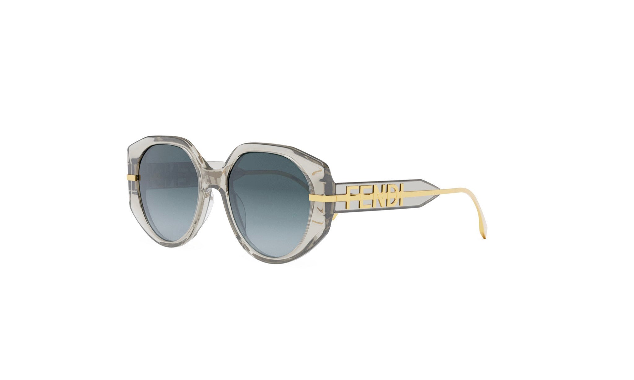 A pair of stylish sunglasses with a gold frame and dark lenses.