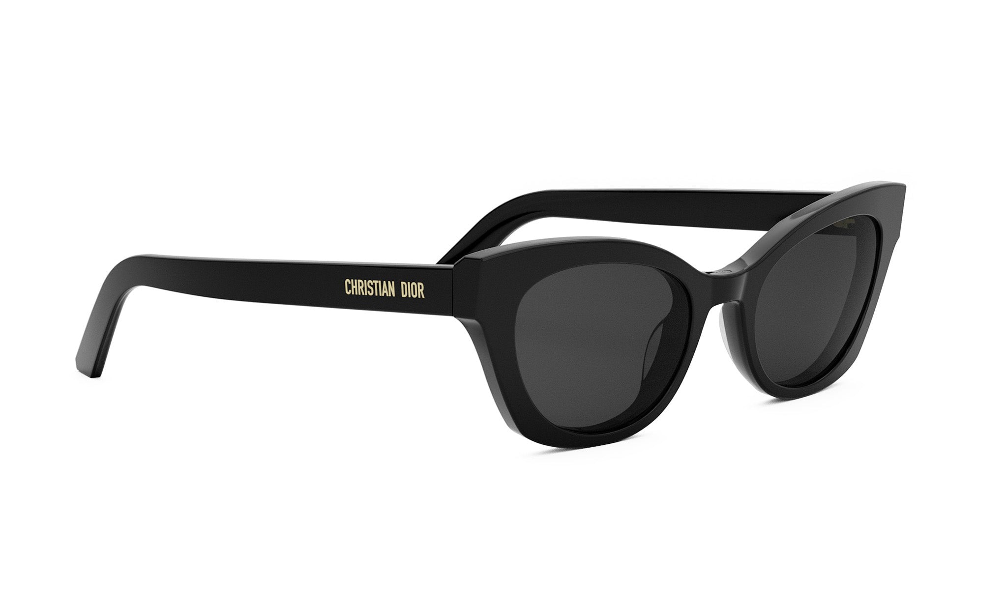 A pair of black cat-eye sunglasses with the brand name "Christian Dior" printed on the frame.